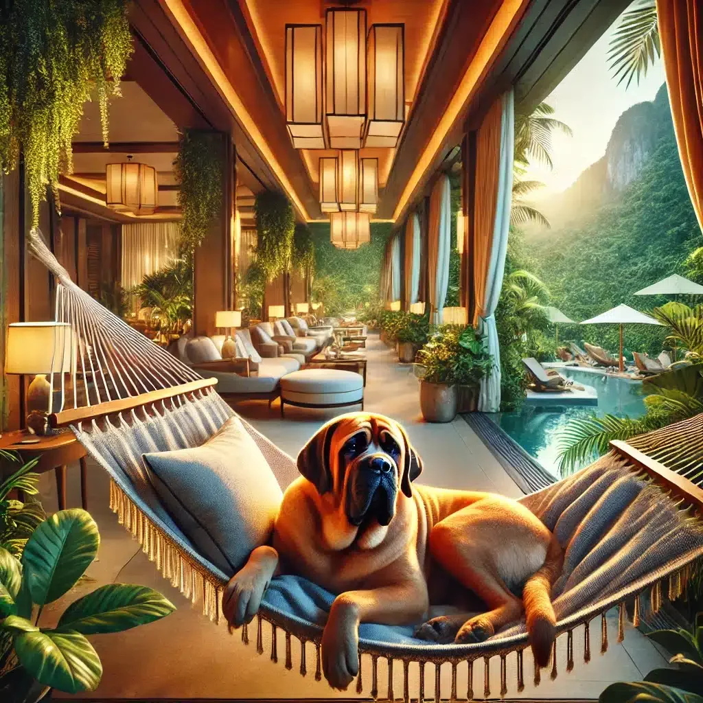 DALL·E 2024-08-22 10.14.56 - A luxurious scene of a Mastiff dog lounging in a hammock at a five-star resort. The dog should look relaxed and content, lying comfortably in the hamm