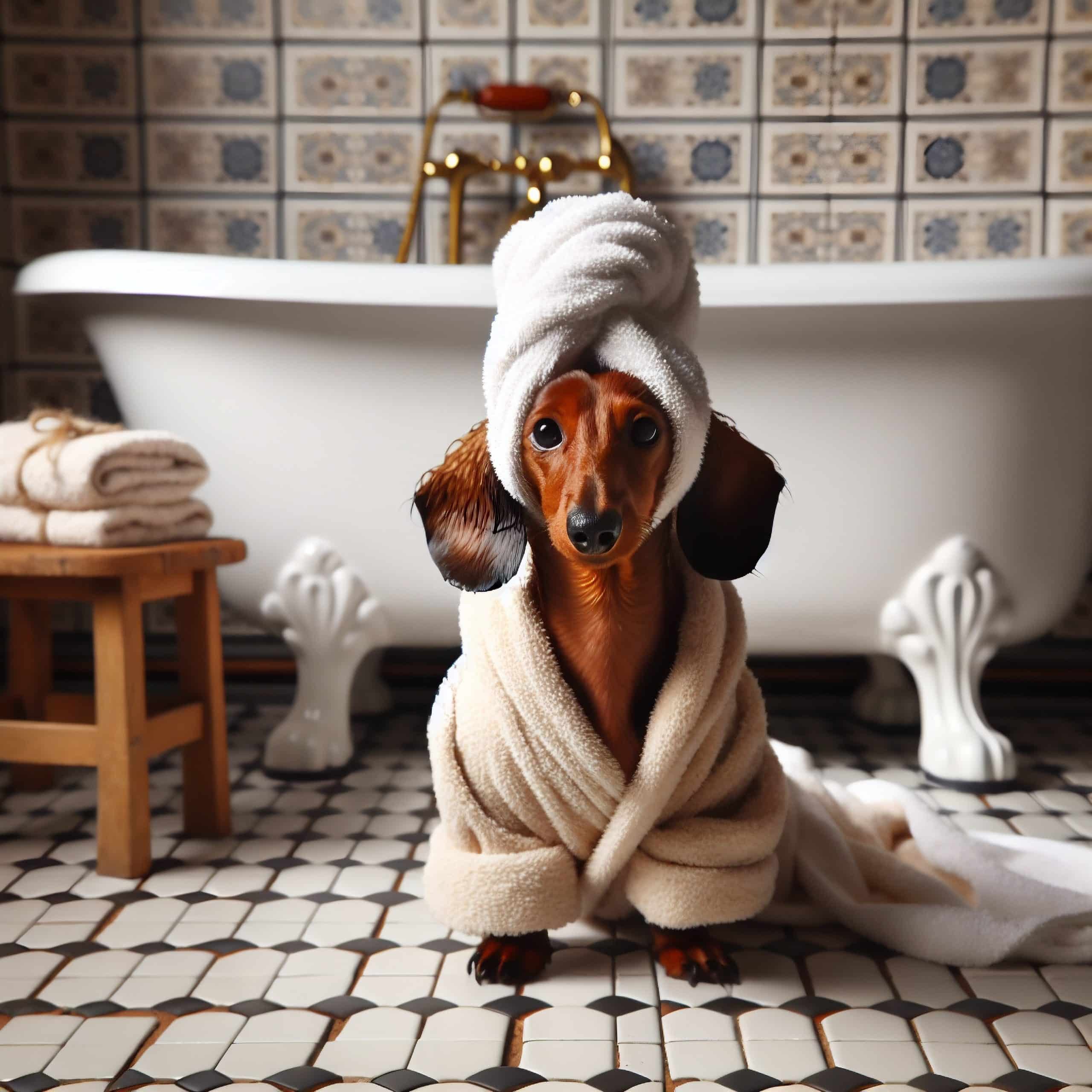 Dachshund,In,Bathrobe,And,Towel,On,Head,,Bathroom